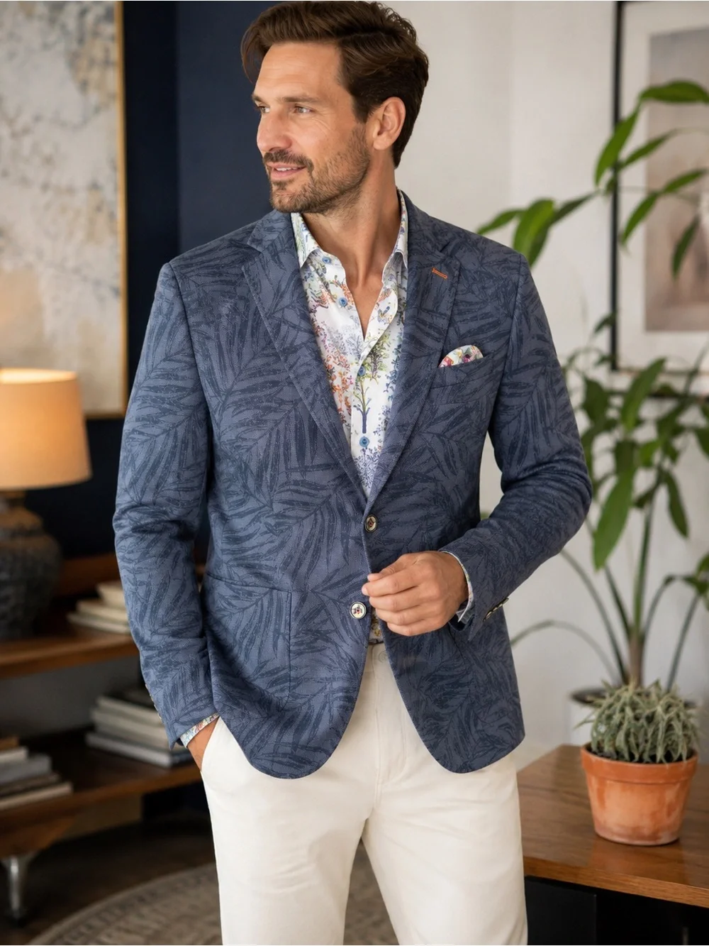 Blue Patterned Men's Blazer - Tropical Print A Fish Named Fred - Picture 2 of 5